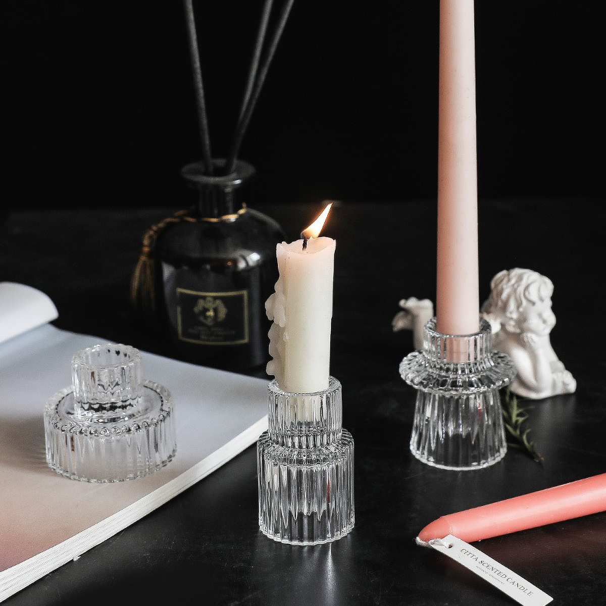 Portavelas de pilar de cristal transparente para candelabros de de mesa, centro de mesa decorativo para comedor en casa