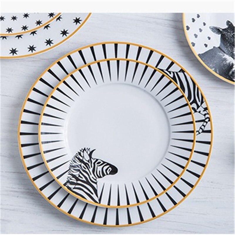 2 Pcs 6&8 Inch Animal Combined Plates Set Ceramic Plates Fox Elk Giraffe Zebra Pattern Plates Steak Breakfast Cake Fruits Dish