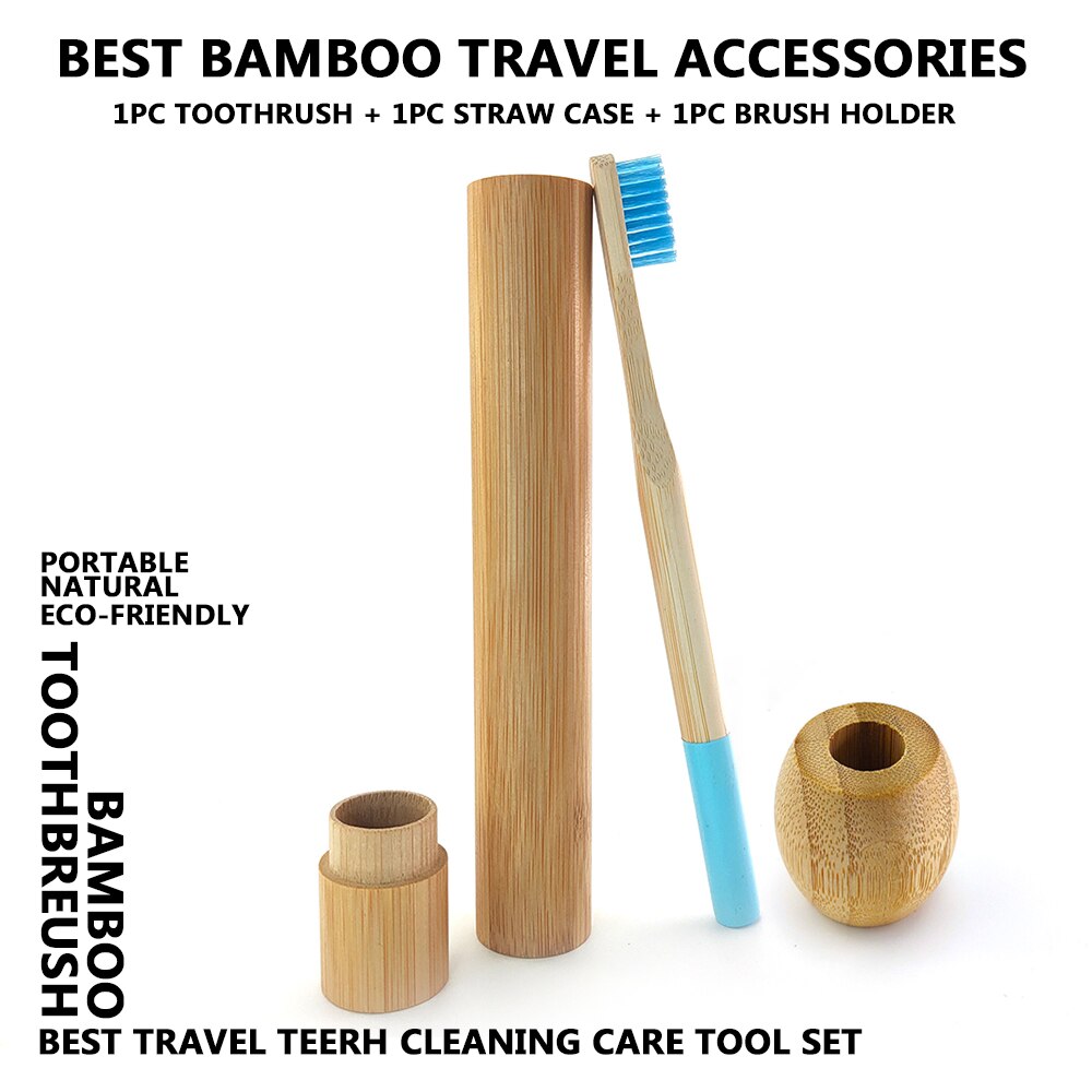 Colorful Column Bamboo Toothbrush Top Flat Portable Travel Set with Bamboo Tube Bamboo Case Natural Wooden Toothbrush Holder: Light Blue