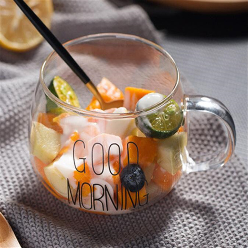 1Pcs Brief Print Creatieve Glas Koffie Mokken Goede Ochtend Hand Transparant Fruit Salade Ontbijt Melk Cup Glas Thee Drankjes