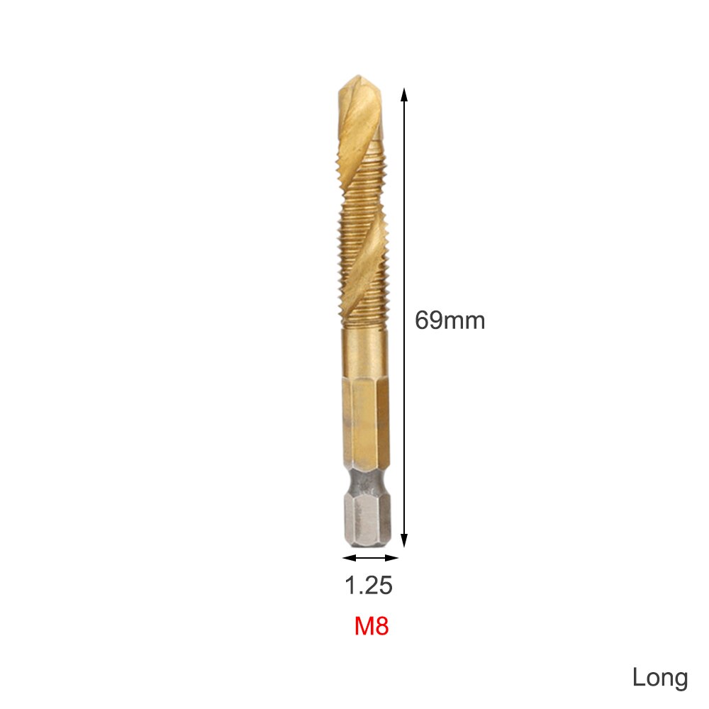 M3-M10 HSS Screw Metric Thread Tap Drill Bits Set Titanium Plated Hex Shank Screw Machine Compound High Speed Change Hand Tool: Long M8X1.25