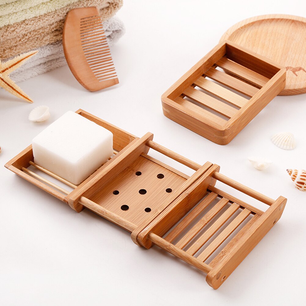Jabonera de bambú con bandeja de madera para el baño, caja de almacenamiento portátil con plato Natural para jabón, suministros