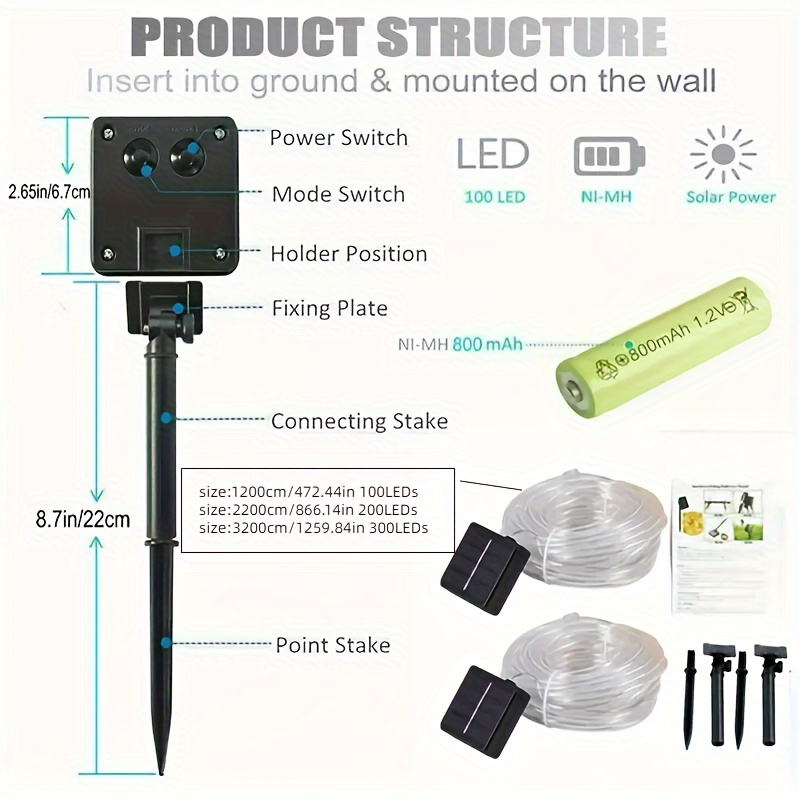 100/200 led-tuinlampjes op zonne-energie , 7/12m led-lichtsnoeren, lichtsnoer met 8 standen, feeërieke buitenverlichting voor bruiloften, kamperen, boom- en dakdecoratie.