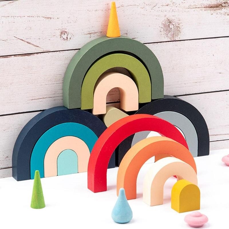 Wooden Rainbow Arch Bridge Semicircle Building Block Rainbow Ornaments Curved Plate Colorful Shape Combination Villain