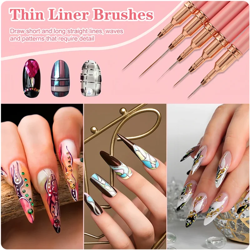 Juego de pinceles 5 en 1 para decoración de uñas, líneas alargadas, dibujo de rayas, pintura en Gel UV, bolígrafo de de uñas, herramienta de manicura