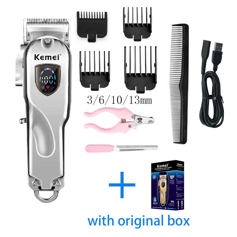 Kemei Dog Hair Trimmer Rechargable Cordless Hair Cutter LCD Display for Pet/Dog Cat Hair Clipper: pro-silver