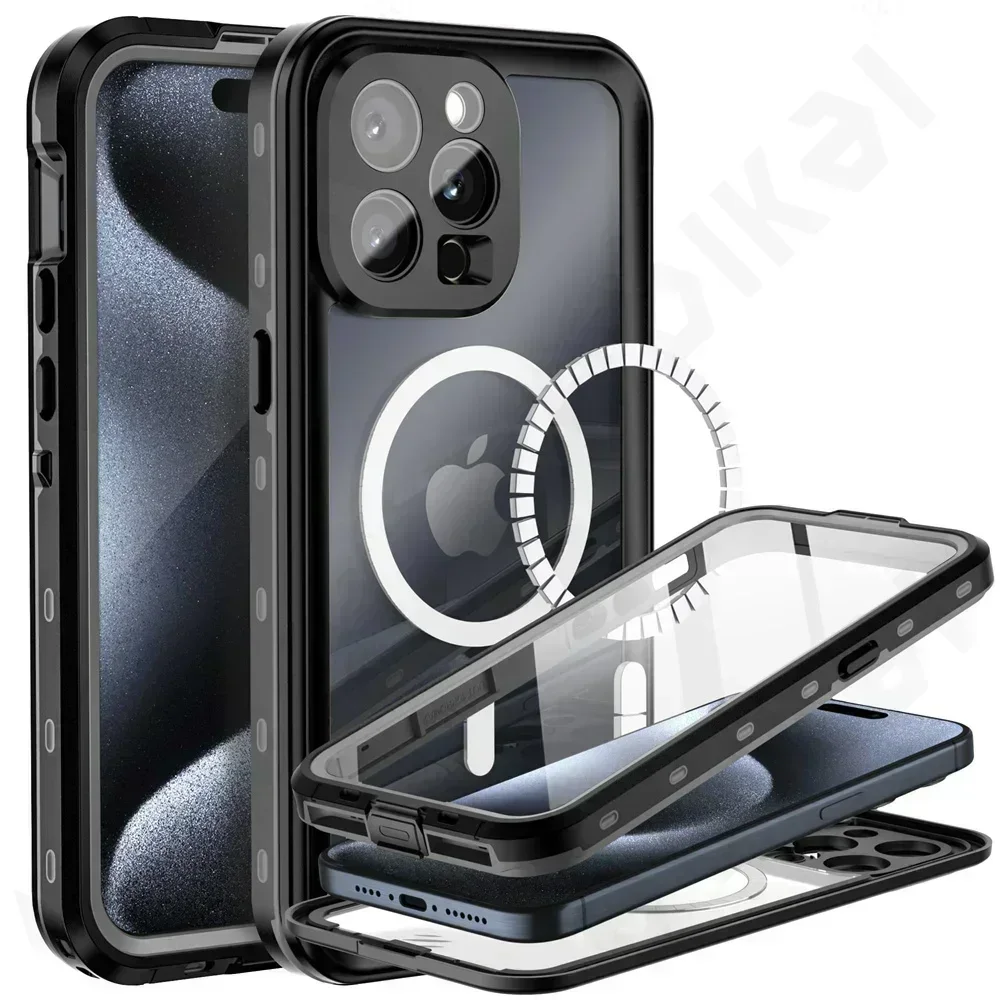 Funda de teléfono magnética a prueba de agua IP68, adecuada para IPhone 16, 15, 14 Pro Max, Pro, 13Pro Max, protección de cuerpo completo, funda de teléfono a prueba de polvo: Neopreno / Beige