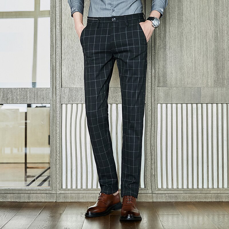 Otoño Invierno traje de negocios para hombres pantalón gris a cuadros Casual Slim Fit vestido pantalones Formal pantalones de boda Pantalon Homme