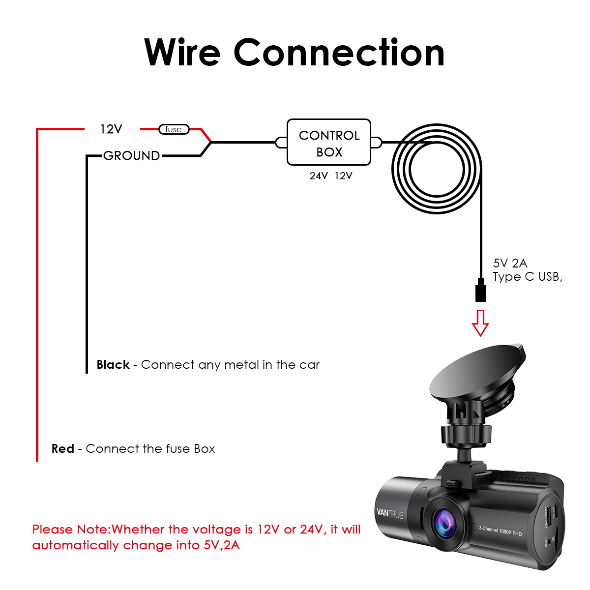 Vantrue 11,5 pieds TypeC et Mini USB 12 V 24 V à 5 V Kit de fil dur pour caméra de tableau de bord avec porte-fusibles de Circuit Mini ACN ATO faible tension