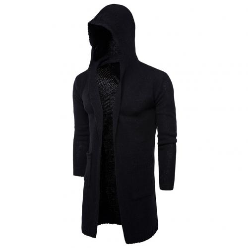 Casual Mannen Effen Kleur Lange Mouwen Pockets Dikke Gebreide Vest Hooded Jas: Black / L