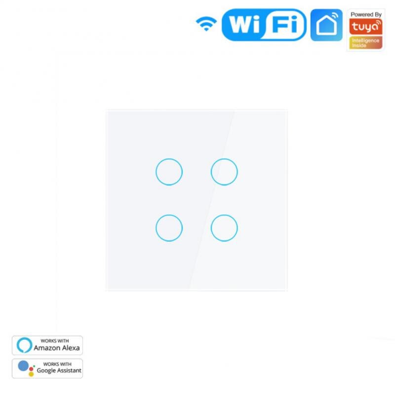 Tuya EU Wifi Smart Wall Light Switch With Luxury Glass Panel Touch Sensor Control Timer Relay Work With Alexa Google Home Alice: White 4 gang