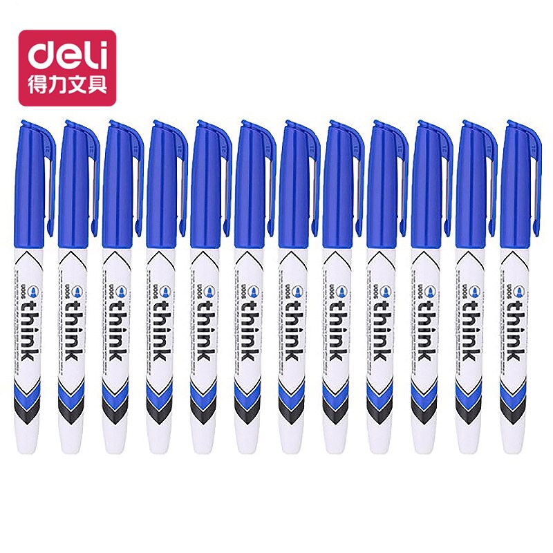 Deli 12pcs/box Whiteboard Pen Erasable Thick Head Large Writing Pen Glassroom Whiteboard Water Marker Meeting Office Stationary: Blue