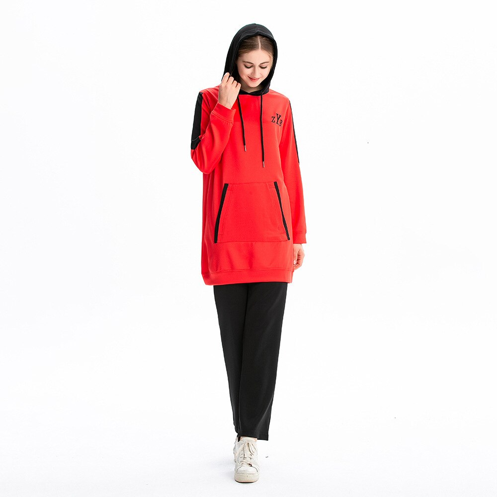 Moslim sportkleding trainingspak dames katoenen tweedelig set hoodie joggingbroek sporttops broeken kleding pakken: Rood / Xl