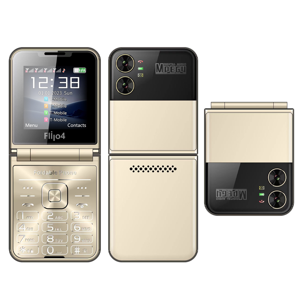 Servo flilo4 dobrável telefone móvel 4 sim em espera magia voz velocidade dial chamada gravação mp4 player lanterna 2g flip celulares: Dourado