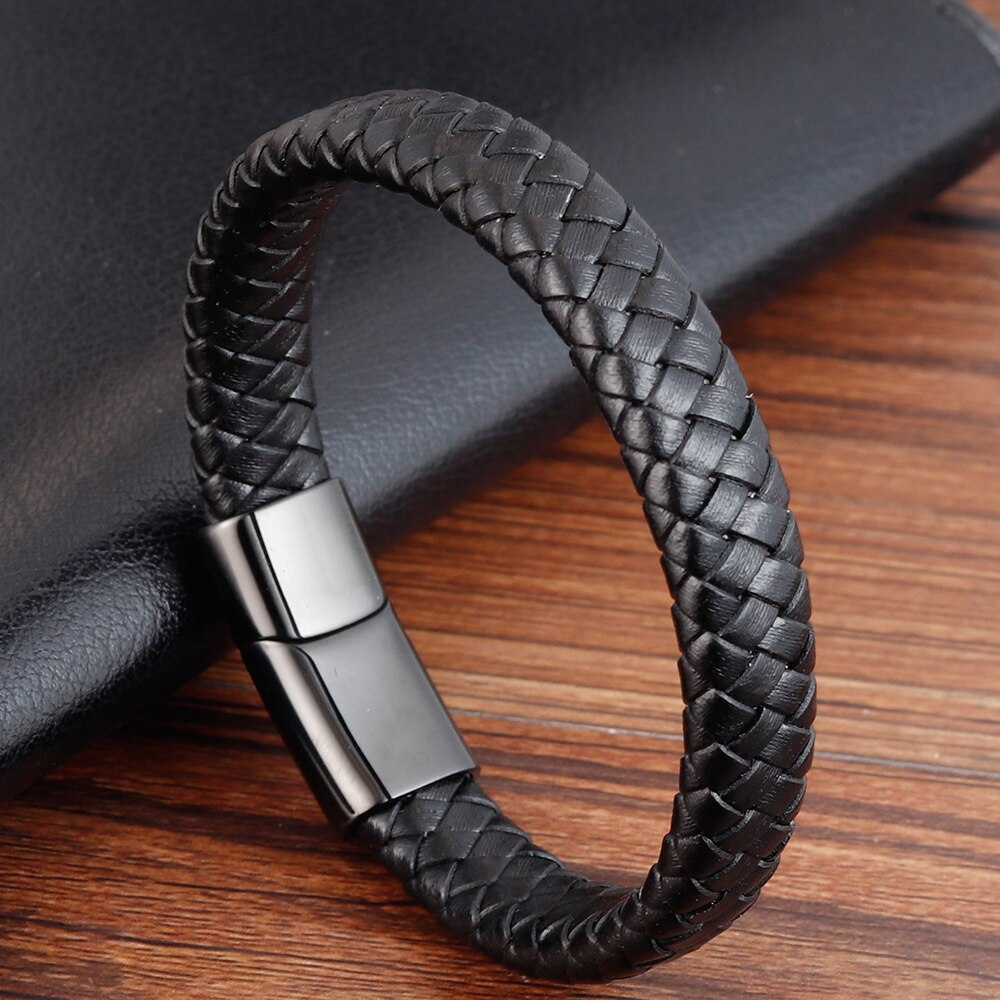 Trendy herre smykker rødt flettet læder reb armbånd sort magnetisk spænde armbånd punk armbånd herre: Sort / 22cm
