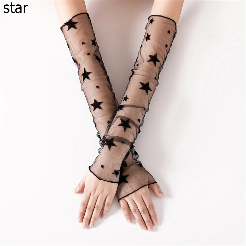 Gants longs en dentelle sans doigts pour femmes, manchons de Protection solaire, maille en dentelle, fins pour cyclisme, mancherons pour les bras de conduite,: star