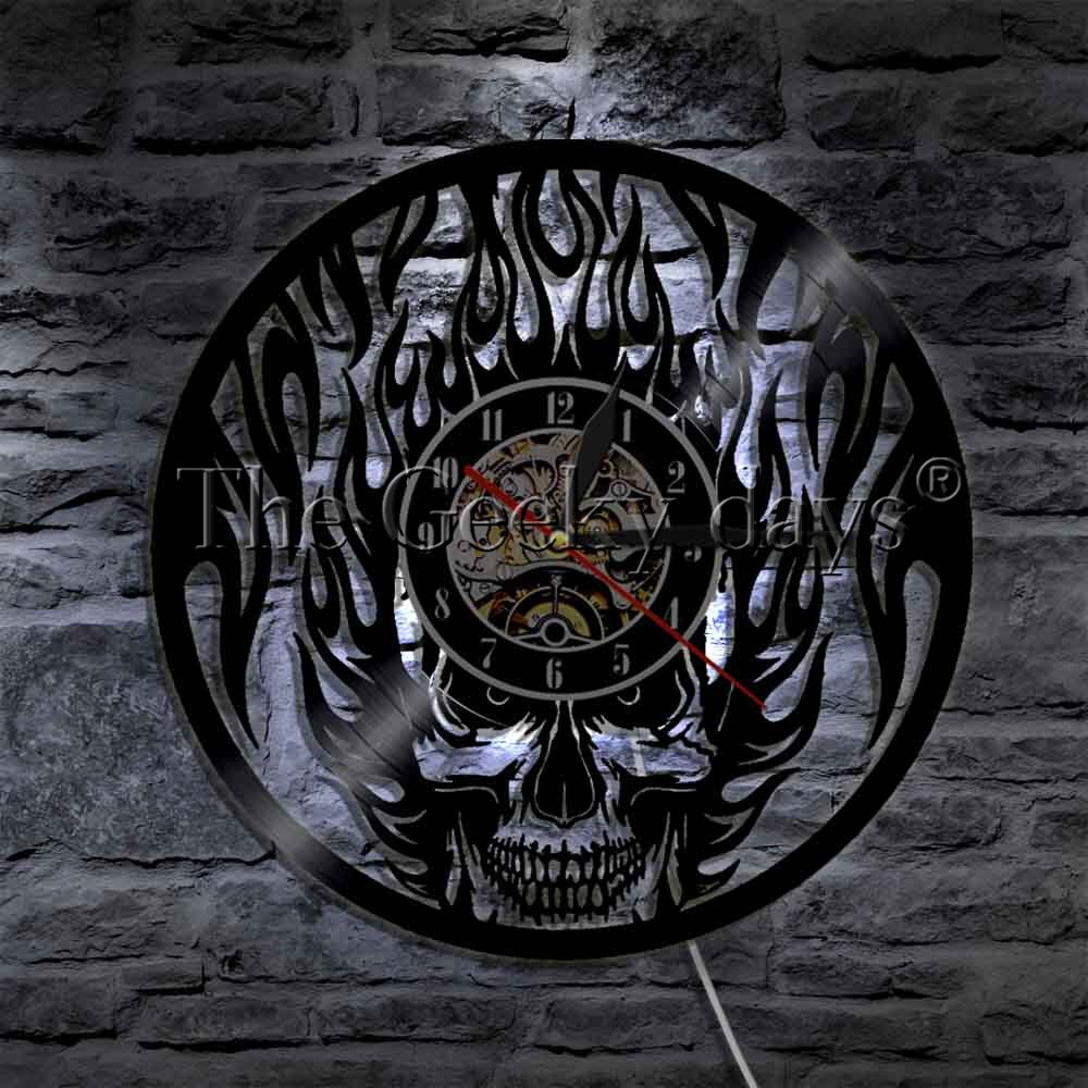 1Piece Black Fire Skull Wall Clock Cranium Horror Vinyl Clock LP Record Death's Head Decorative Clock Led Lighting: Wth LED