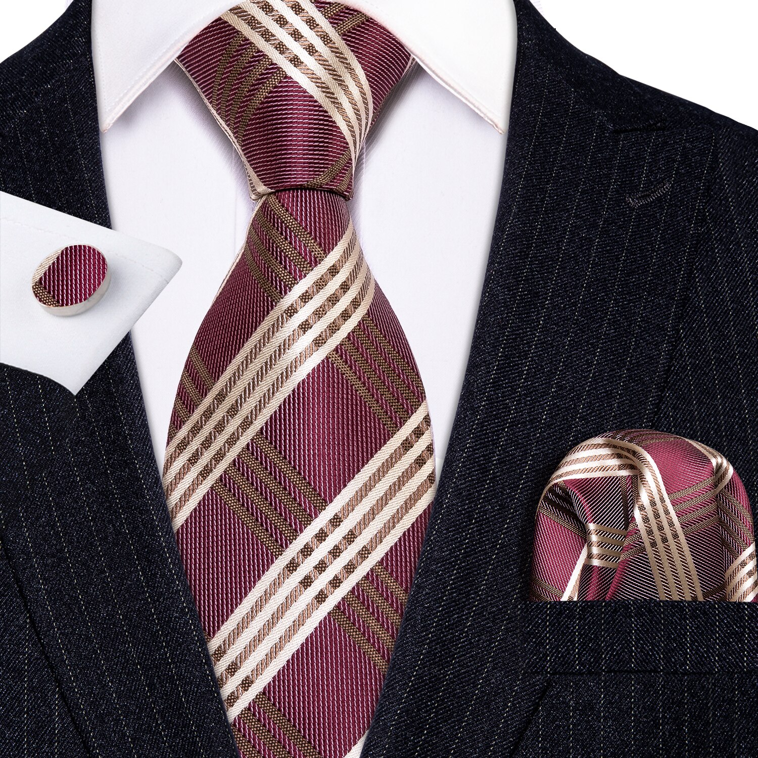LS-585 Barry.Wang Mannen Stropdas Zijde Gestreepte Jacquard Geweven Classic Tie + Hanky + Manchetknopen Set Voor Formele Wedding Bedrijvengids Party: LS-5186