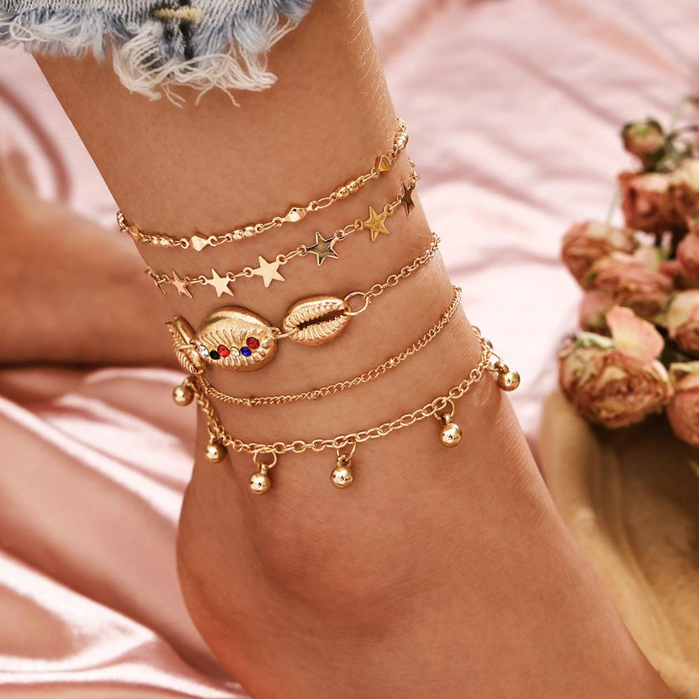 Layered Gold Shell Pendant Chain Ankle Bracelet On Leg Foot Jewelry Boho Charm Anklets for Women Accessories Mujer