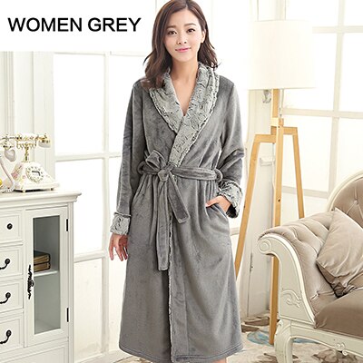 On Lovers Luxury Fur Soft as Silk Bathrobe Men Classic Long Flannel Winter Warm Kimono Bath Robe Male Dressing Gown Robes: Women Grey / XL