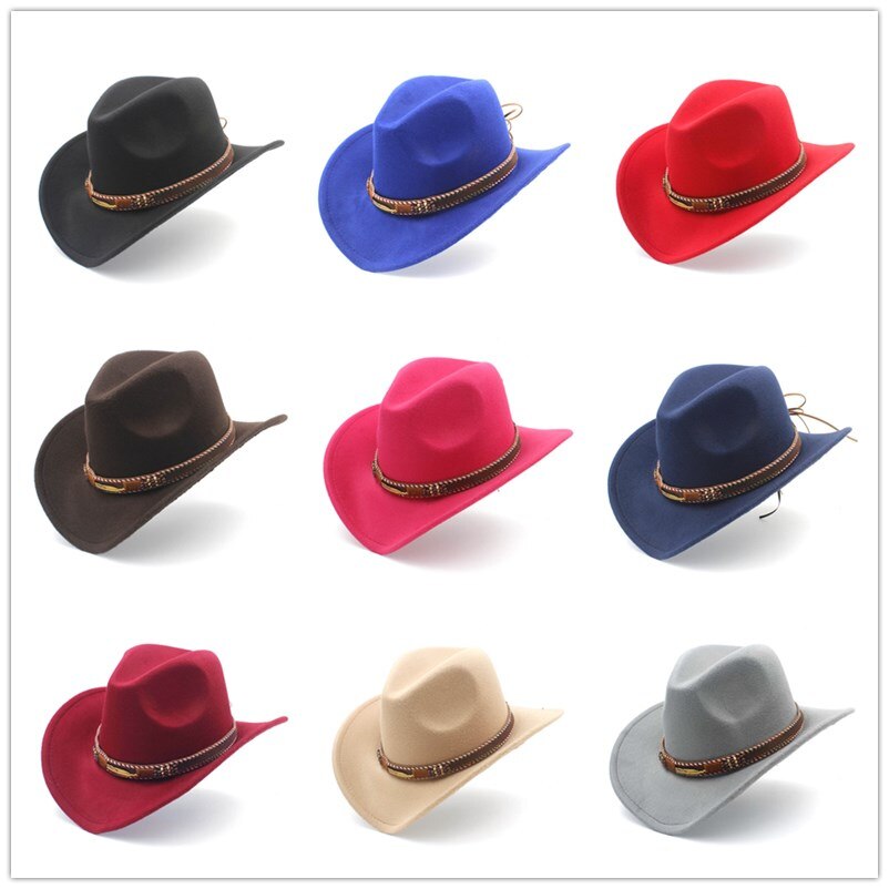Menns ull vestlig cowboyhatt til herre dame vinter høst jazz cowgirl cloche sombrero caps med belte