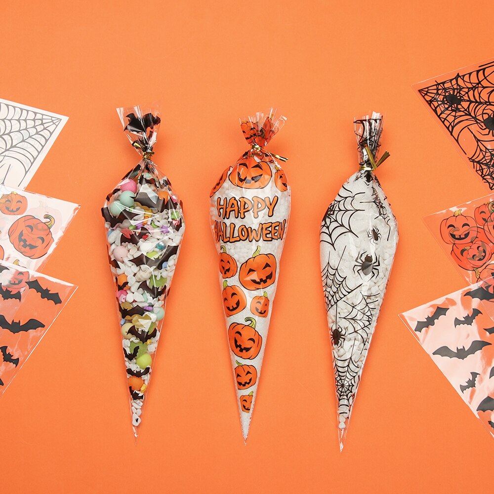 50 Uds. Bolsas en forma de cono para Halloween, araña murciélago calabaza, bolsas triangulares para dulces, bolsas de para Halloween, bolsas para , golosinas o dulces