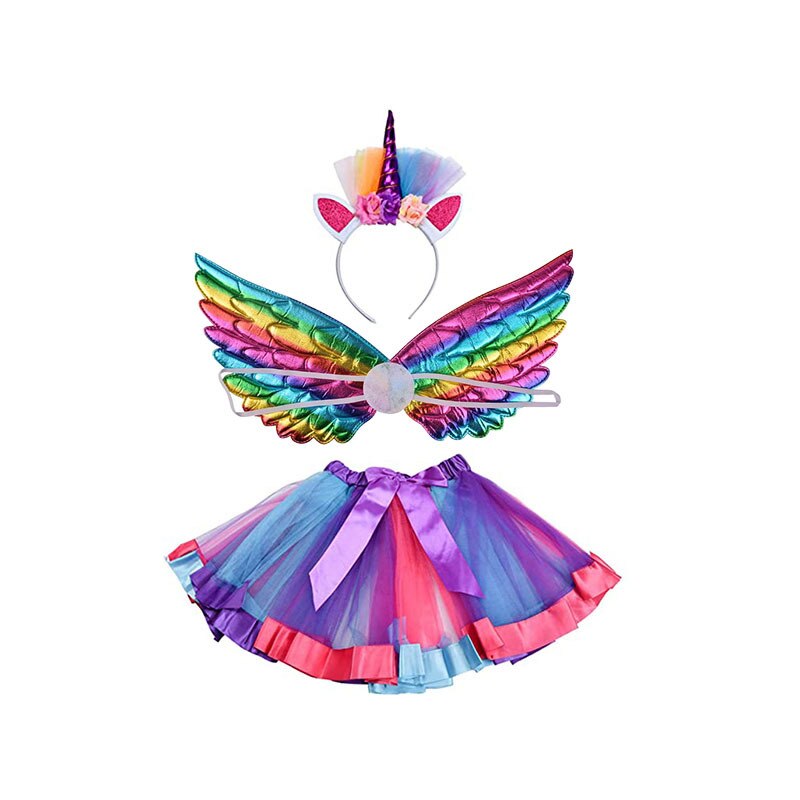 3pcs Rainbow Cute Kids Dress Up Princess Angel Wing Bling Unicorn Tutu Skirt Suit: Purple