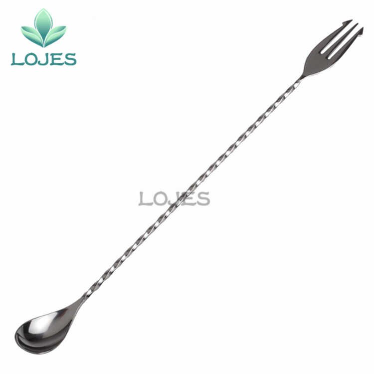 400mm Cocktail Bar Spoon 304 Stainless Steel Bar Spoon With Fork Twisted Mixing Stir Spoon Bar Tool: Silver