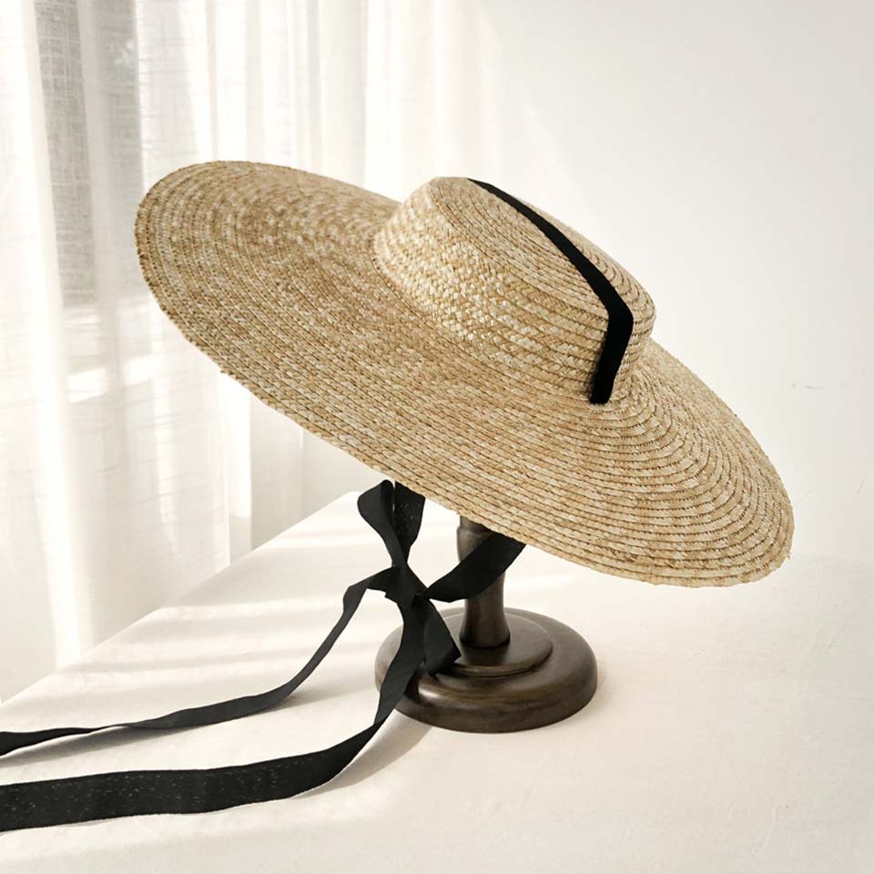 Kvinder raffia bred randen båd hat 15cm 18cm randen stråhat flade kvinder sommer med hvid sort bånd slips sol hat strand cap