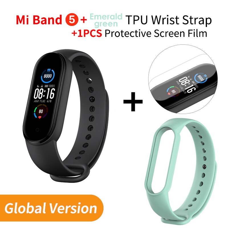 Xiaomi banda 5 versão global pulseira inteligente tela de toque miband 5 pulseira esporte rastreador de fitness monitor de freqüência cardíaca: EN Add green Strap