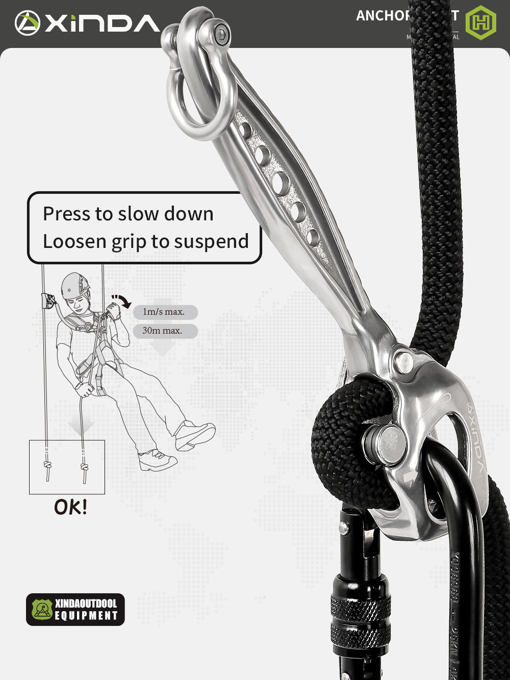 Xinda klätternedfirare i rostfritt stål, nedfirare för arbete på höjd, fasthållningsanordning för nedfirning i bergsklättringsområde