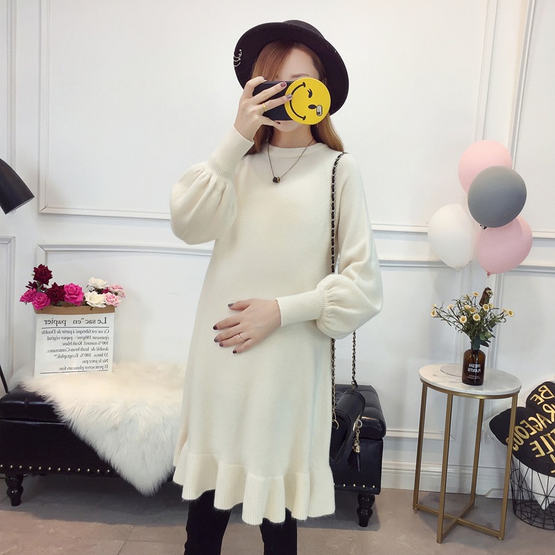 Mutterschaft lange zur Seite fahren herbst und Winter schwangere frauen zur Seite fahren kleid schwangerschaft warme kleidung: Beige / Xxxl
