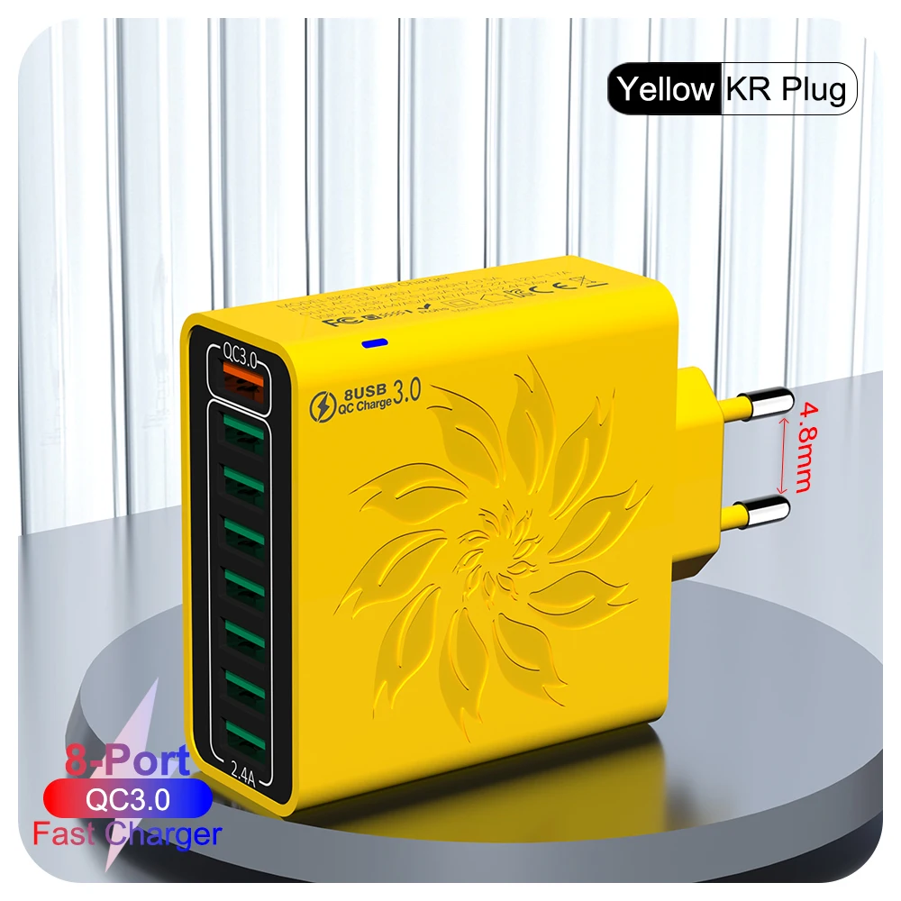 65W Huishoudelijke 8 Poorten USB-oplader met datakabel voor meerdere apparaten USB Snel opladen Muuradapter Quick Charge 3.0 Oplader