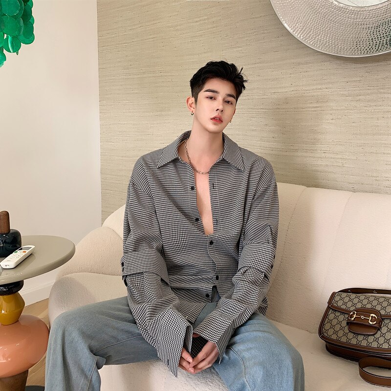 Camisa a cuadros masculina informal de manga larga de empalme para hombre estilo coreano Vintage Streetwear camisas sueltas