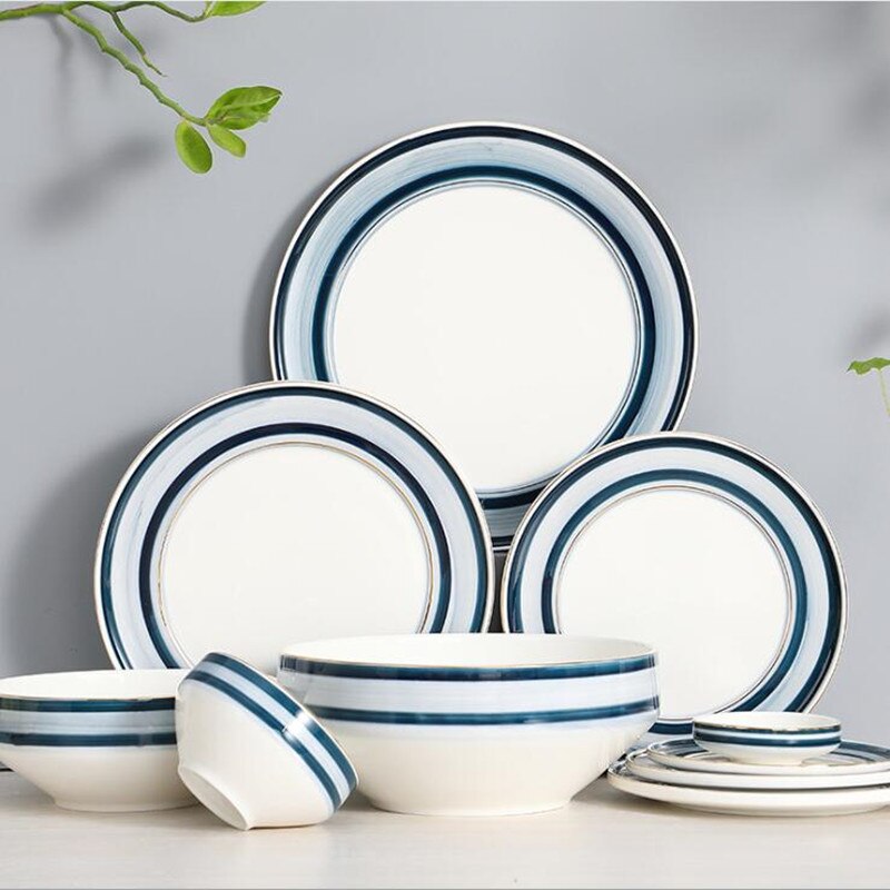 Gilt Rim Blue Gradient Dinner Plate Ceramic Kitchen Plate Tableware Set Food Dishes Rice Salad Noodles Bowl Soup Kitchen Tool