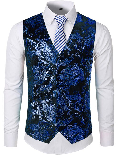 Steampunk Anzug Weste Männer glänzend Bronzing Paisley Blume Chaleco hombre schlank passen Ärmellose Hochzeit Rauchen Kleid Weste Weste Männer: Blau / USA S