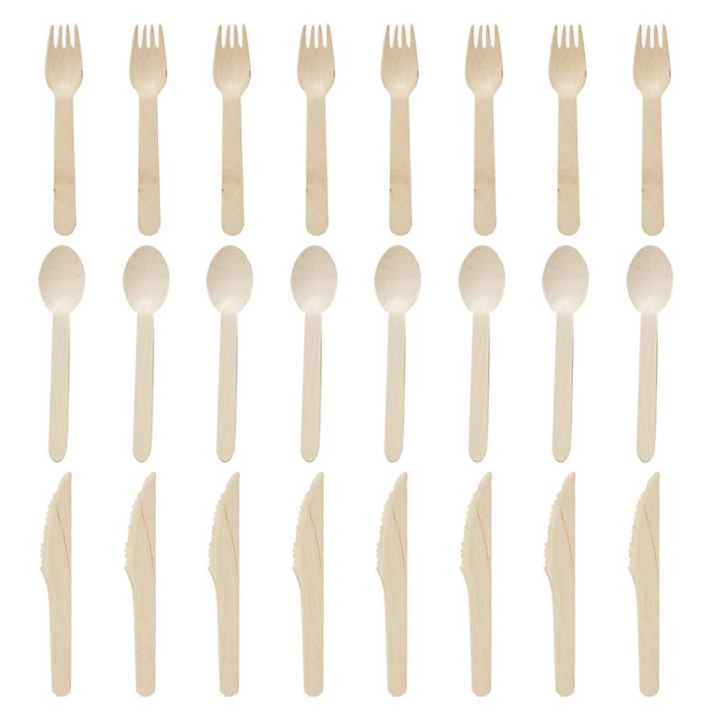24Pcs Wegwerp Houten Bestek Vorken Lepels Messen Servies Feestartikelen