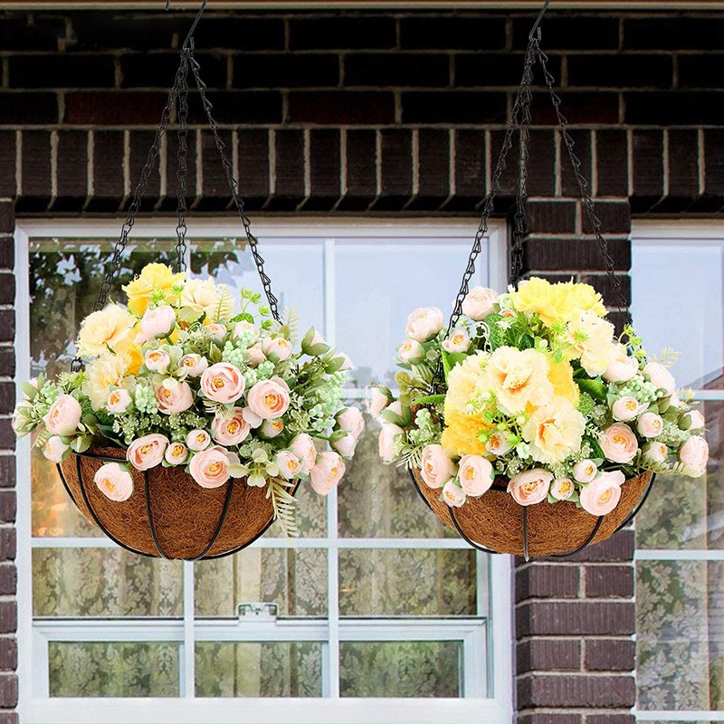 Pots de fleurs suspendus adaptés aux plantes d'intérieur et d'extérieur, en métal avec support doublé de coquille de noix de coco