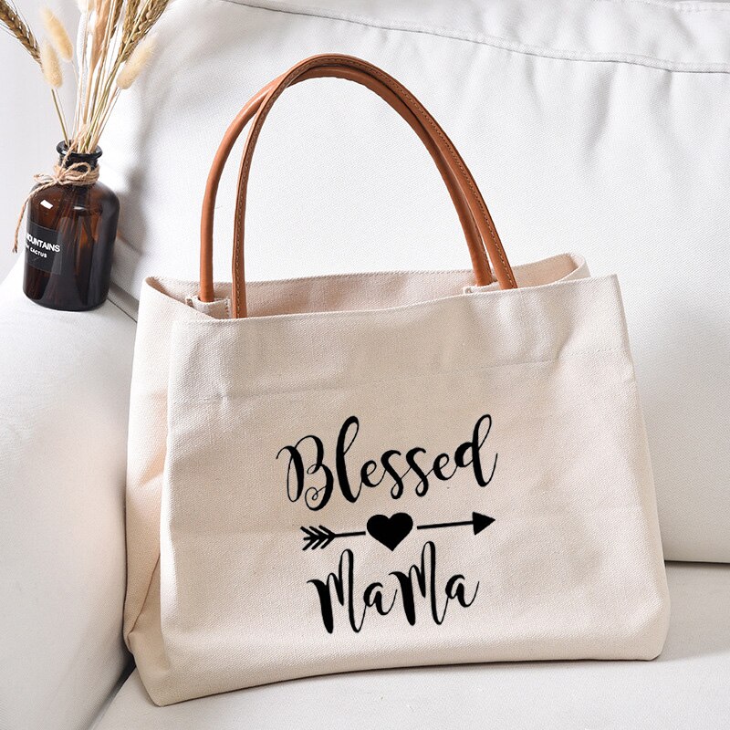 Blessed Mama Printed Tote Bag for Mom Mother's Day Women Lady Beach Bag Handbag Work Bag: white