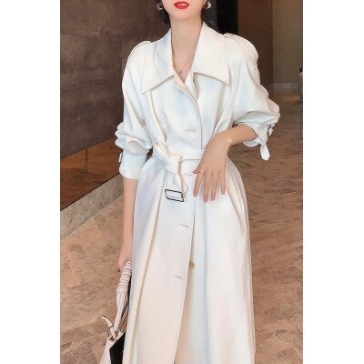 Autumn Winter Korean Long Knee Length Coat Women's White Windbreaker: L