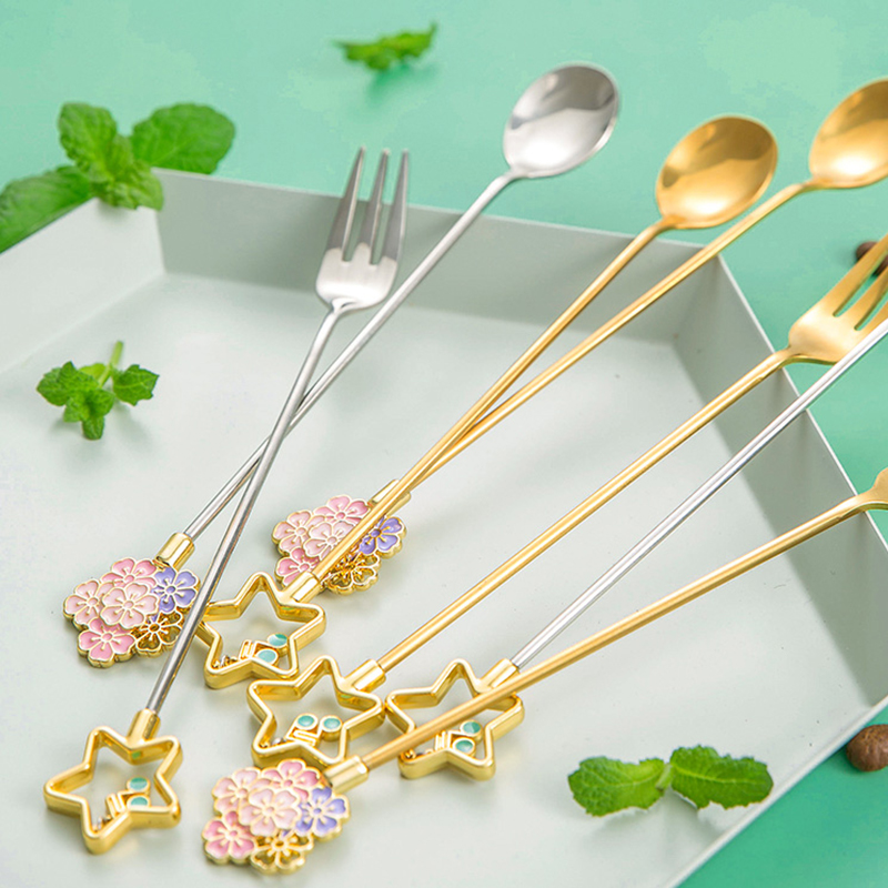 Japanese Sakura Coffee Spoon Cute Stainless Steel Spoon Fork Coffee Spoon Long Handle Stirring Dessert Fork Spoon