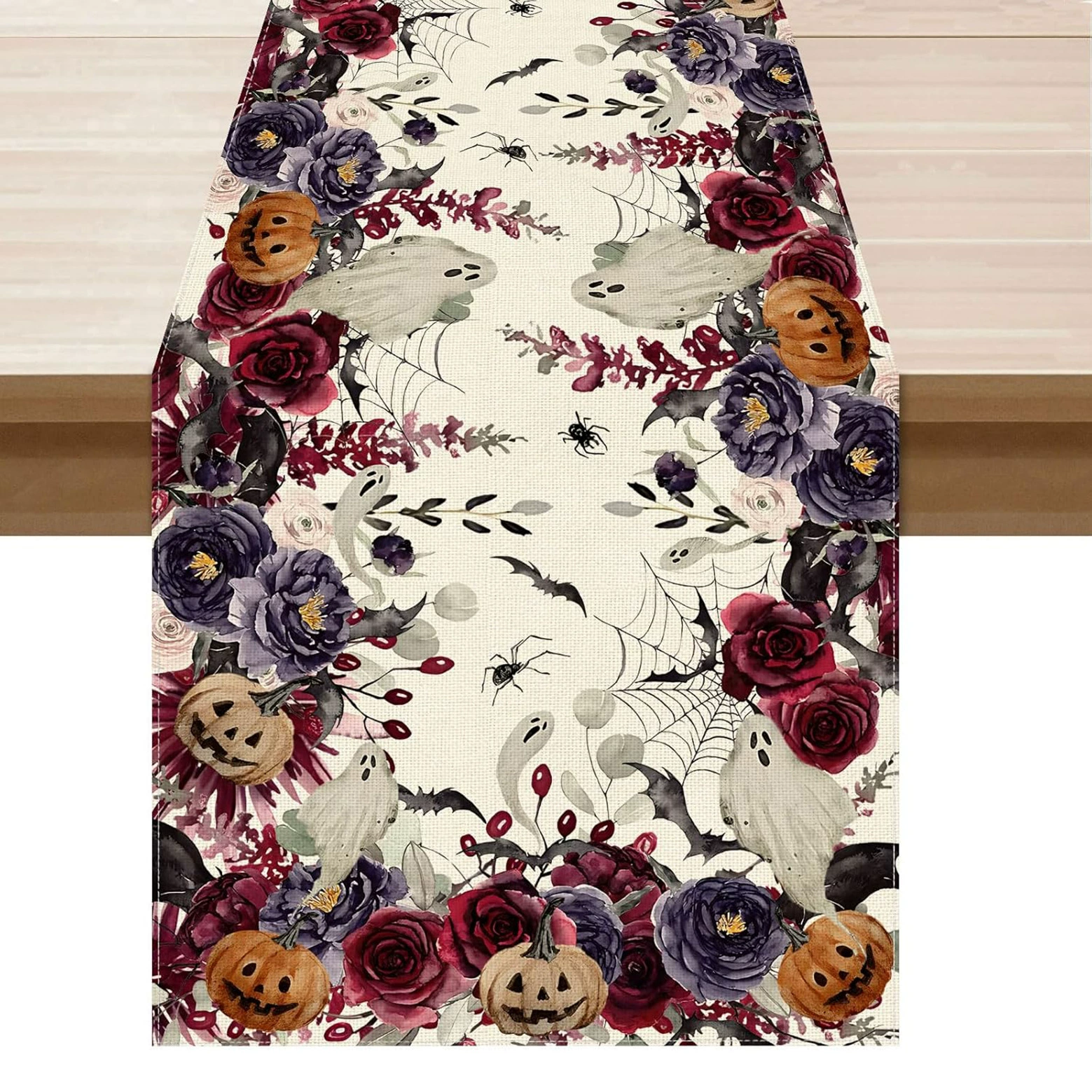 Spökblommor löv halloween bordslöpare, säsongsbetonad höst kök matbordsdekoration för hemfestdekor: 30*220cm / Gul