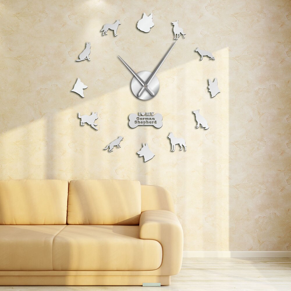 Horloge murale géante avec grandes aiguilles effet miroir loup alsacien berger allemand bricolage horloge murale Deutscher Schferhund chien Art mural