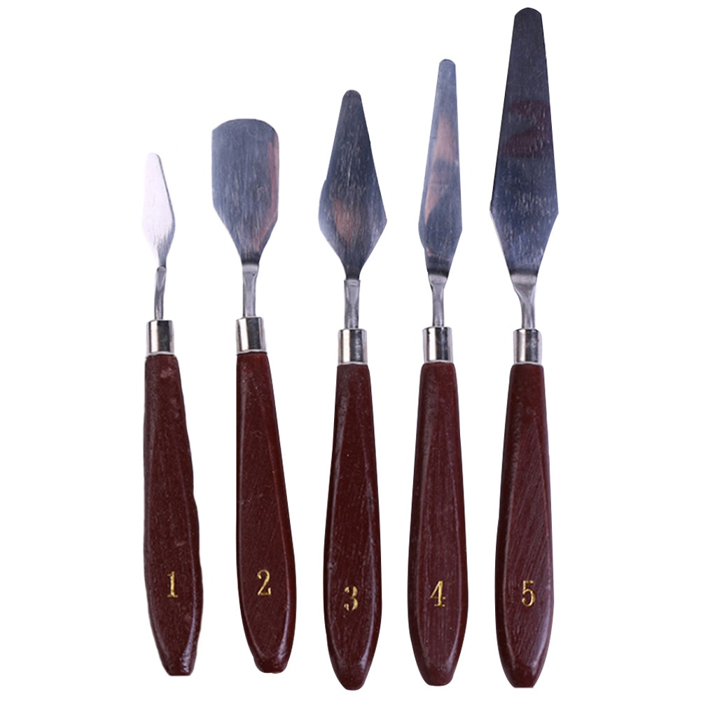 5pcs Artist Wooden Handle Tools Oil Painting Spatula Mixing Scraper Paint Palette Stainless Steel