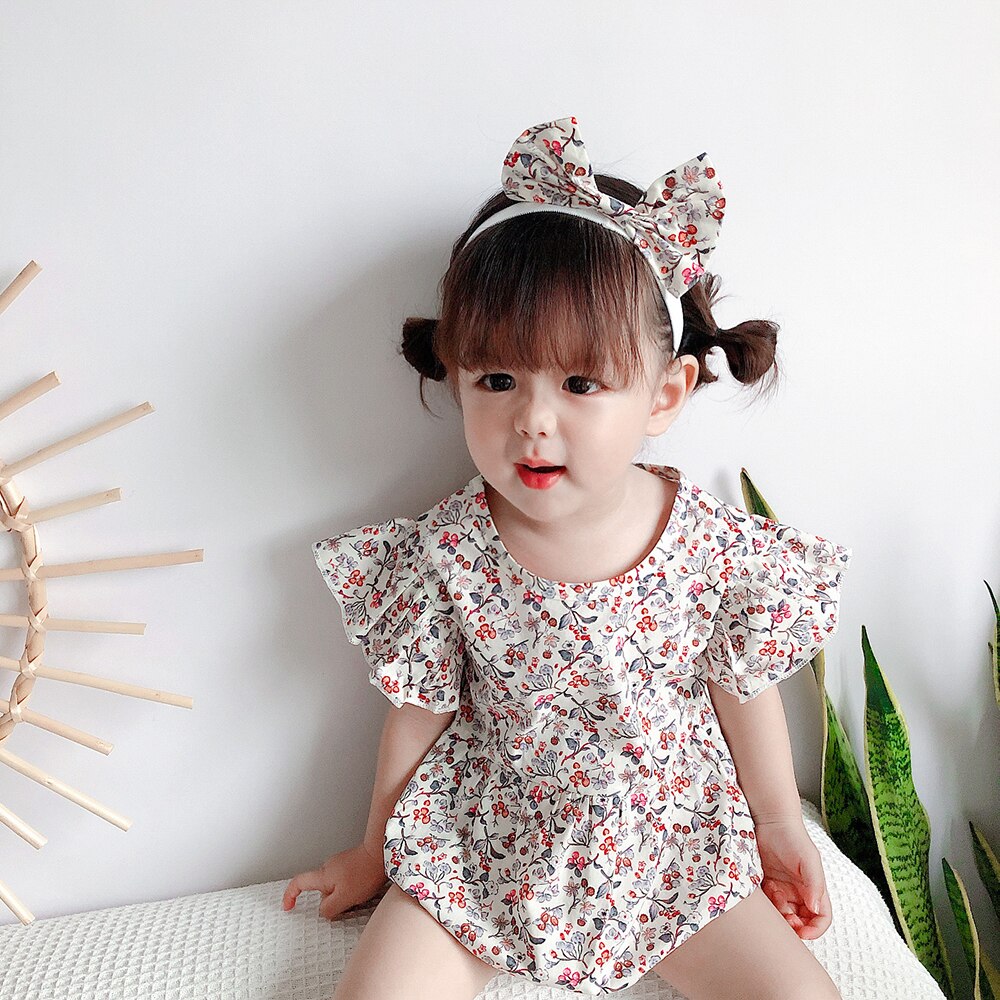 Meisje 2Pcs Bloem Gedrukt Romper Set, fly Mouwen Ronde Hals Driehoek Bodysuit Met Hoofdband Voor 0-24 Baby Zomer Dragen: 2 / 12m