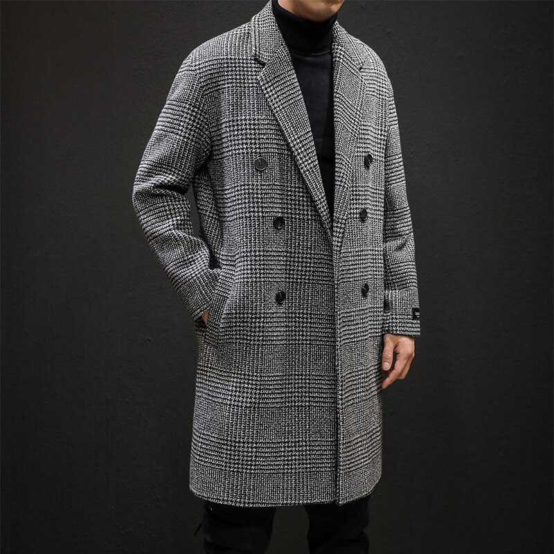 YASUGUOJI Casual Zweireiher Herren Wolle Mantel Winter Hahnentritt Jacke Männer drehen-unten Kragen Lange Woll Wind Mantel