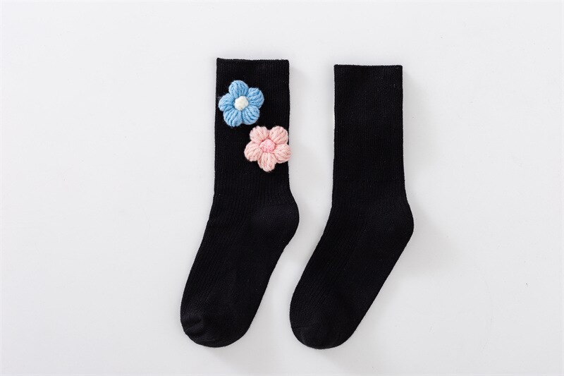 Sweet Baby Child Girls calze a tubo centrale nere con fiore 3D Floret calzini per bambini accessori moda 1-3-4-6-7-10 anni primavera: 4 / 2-3T