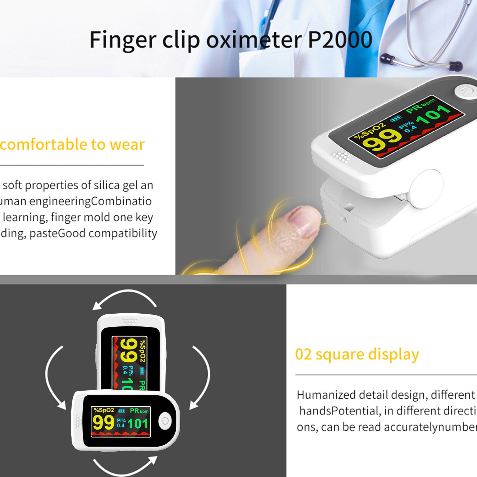 Finger Clip Oximeter High Definition Large Screen Monitor Finger Heart Rate Portable Finger Pulse Oximeter Blood Oxygen Meter