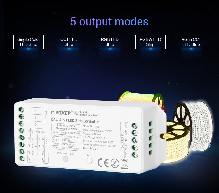 MiBOXER DALI 5 IN 1 LED streifen Controller DL5 15A einzigen farbe/CCT/RGB/RGBW/RGB + CCT led streifen dimmer, DC12V-24V
