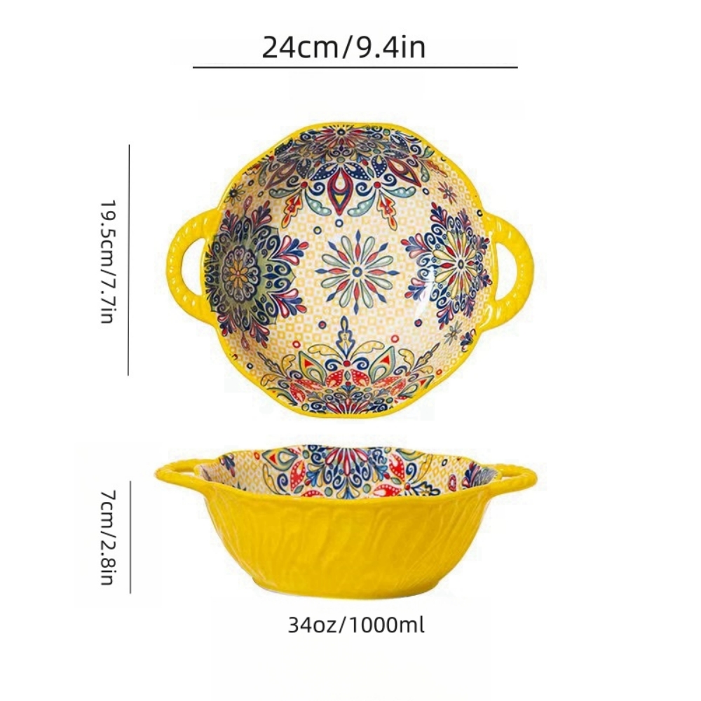 Tigela de sopa de cerâmica estilo boêmio com alça, design seguro para micro-ondas em relevo, ótimo para servir sopa, saladas, macarrão ramen: Luz amarela